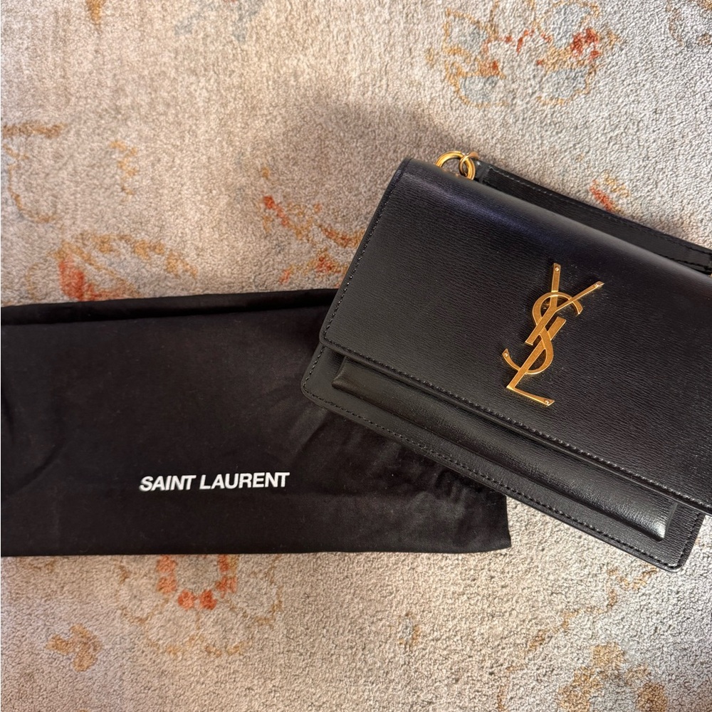 Saint Laurent Sunset Chain Wallet Black Calfskin YSL Monogram Crossbody Gold - Picture 3 of 5